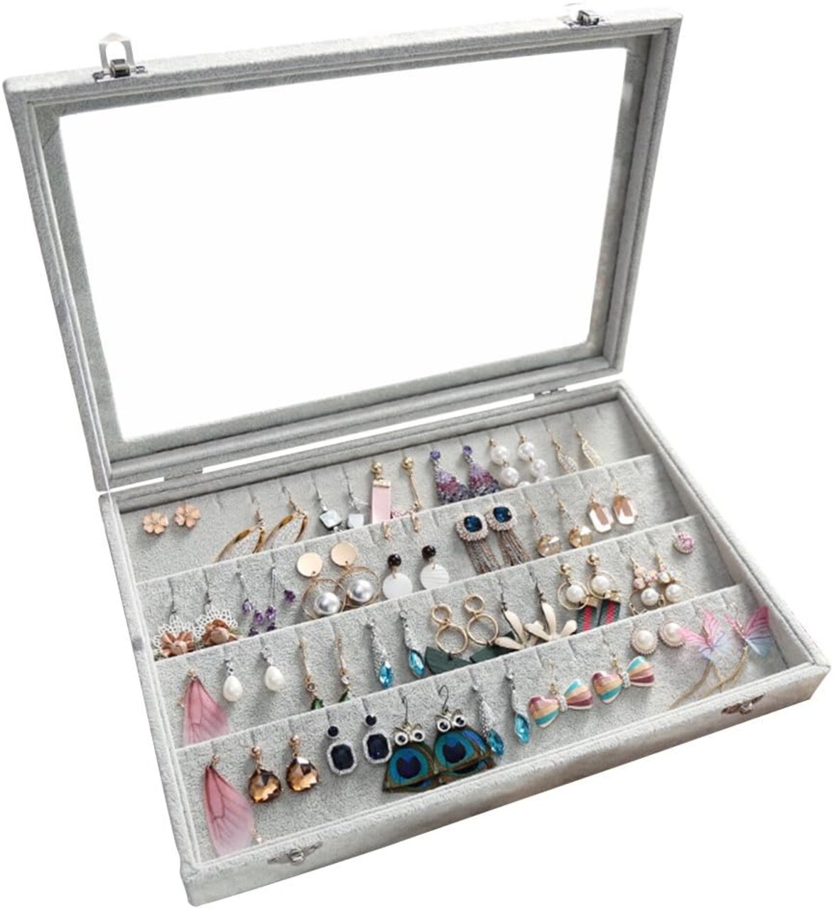 Velvet Earring Organizer with Clear Glass Lid – 32-Pair Stud & Earring Storage Tray, Jewelry Showcase Display Case for Women & Girls (Ice Velvet)